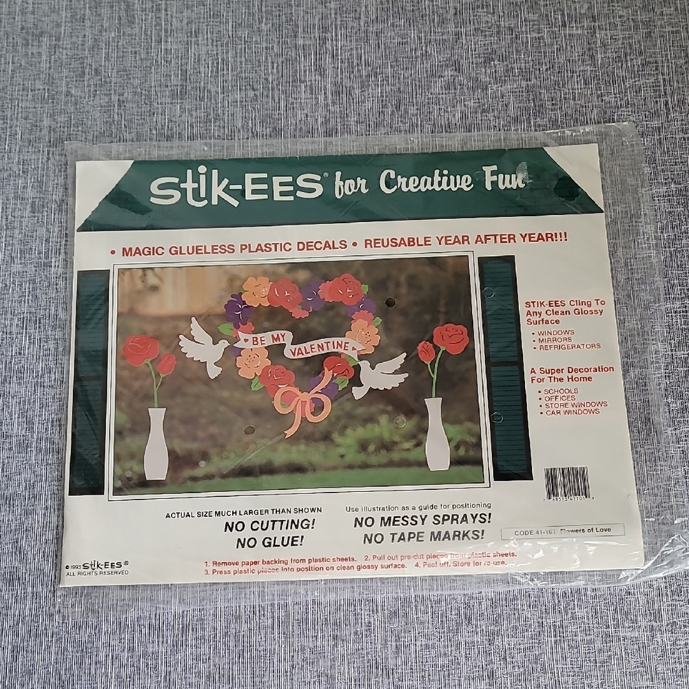 Vintage Stik-ees Flowers Of Love Reusable Window Clings Decals Valentines Day